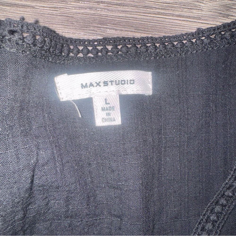 MAX STUDIO L Black Knot Front Top‎ Shirt 3/4 Flared Sleeve Boho Peasant Casual - Picture 4 of 8